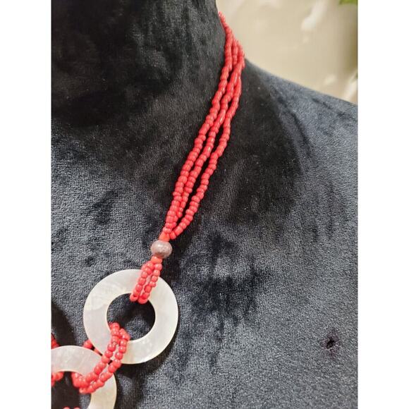 Women's Mother of Pearl Red Triple Layered Seed Beaded Stylish Wear Necklace - Picture 2 of 7